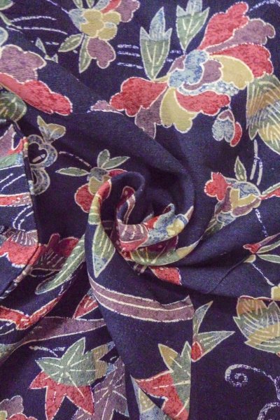 Photo12: O0419L Vintage Japanese kimono  Dark Indigo Blue KOMON dyed for women / Silk. Peony, Stains/Soils all over.  (Grade C) (12)