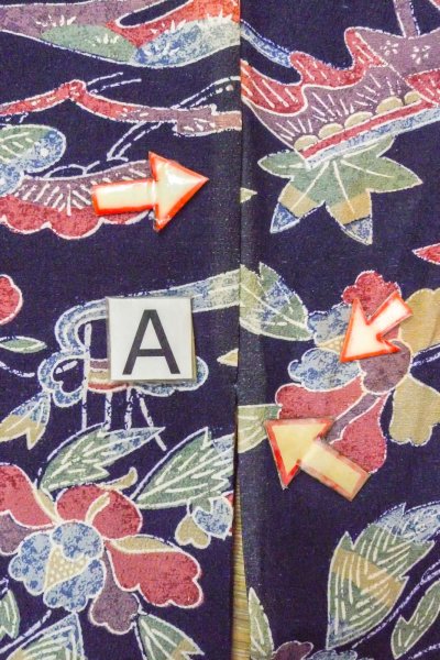 Photo14: O0419L Vintage Japanese kimono  Dark Indigo Blue KOMON dyed for women / Silk. Peony, Stains/Soils all over.  (Grade C) (14)