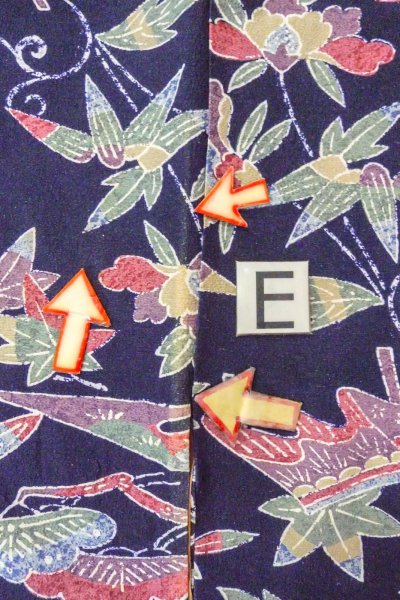 Photo18: O0419L Vintage Japanese kimono  Dark Indigo Blue KOMON dyed for women / Silk. Peony, Stains/Soils all over.  (Grade C) (18)