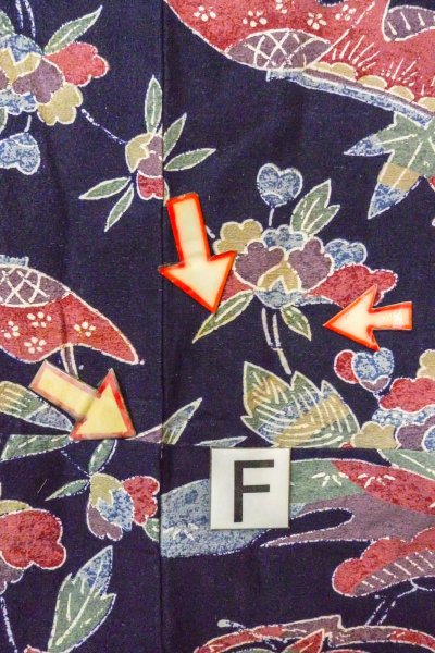 Photo19: O0419L Vintage Japanese kimono  Dark Indigo Blue KOMON dyed for women / Silk. Peony, Stains/Soils all over.  (Grade C) (19)