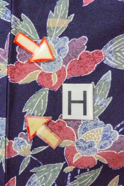 Photo21: O0419L Vintage Japanese kimono  Dark Indigo Blue KOMON dyed for women / Silk. Peony, Stains/Soils all over.  (Grade C) (21)