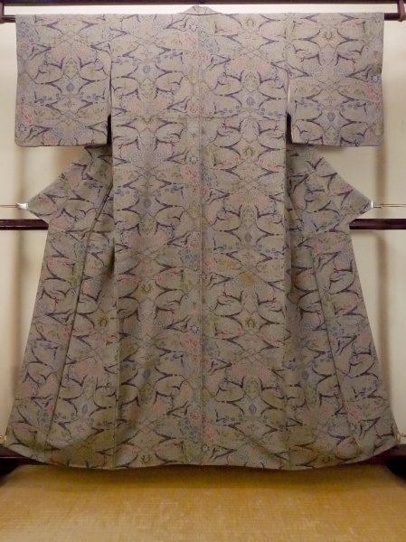 Photo1: O0419M Vintage Japanese kimono Pale Grayish Olive KOMON dyed for women / Silk. Flower,   (Grade B) (1)