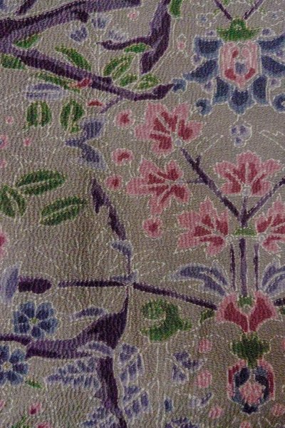 Photo7: O0419M Vintage Japanese kimono Pale Grayish Olive KOMON dyed for women / Silk. Flower,   (Grade B) (7)