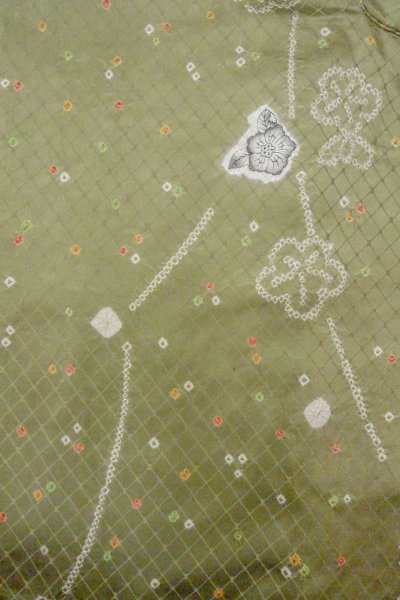 Photo3: O0419Y Vintage Japanese kimono Shiny Pale Olive KOMON dyed for women / Silk. Flower,   (Grade C) (3)