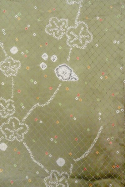Photo4: O0419Y Vintage Japanese kimono Shiny Pale Olive KOMON dyed for women / Silk. Flower,   (Grade C) (4)