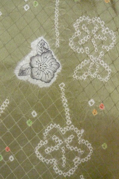 Photo6: O0419Y Vintage Japanese kimono Shiny Pale Olive KOMON dyed for women / Silk. Flower,   (Grade C) (6)