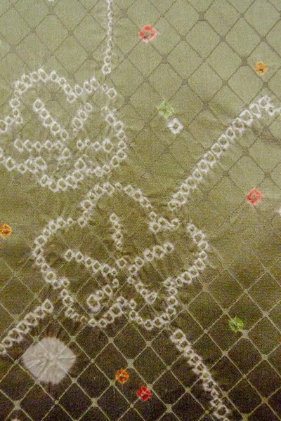 Photo7: O0419Y Vintage Japanese kimono Shiny Pale Olive KOMON dyed for women / Silk. Flower,   (Grade C) (7)