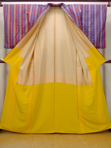 Photo2: O0420A Vintage Japanese kimono   Multi Color ORI woven for women / Silk. Stripes,   (Grade B) (2)