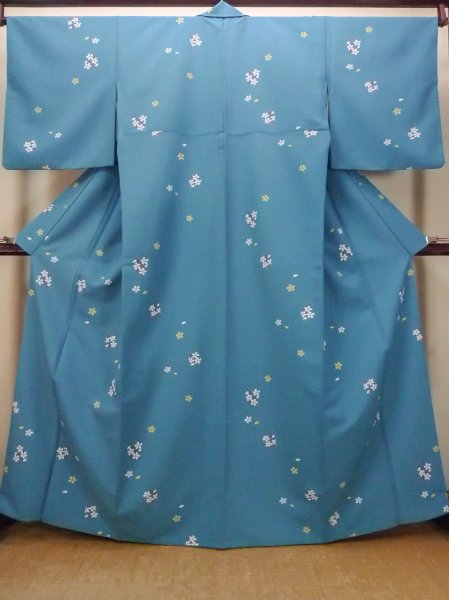 Photo1: Mint O0420C Vintage Japanese kimono   Light Blue KOMON dyed for women / Synthetic. SAKURA cherry blossom   (Grade A) (1)