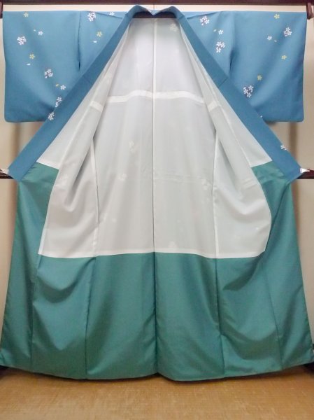 Photo2: Mint O0420C Vintage Japanese kimono   Light Blue KOMON dyed for women / Synthetic. SAKURA cherry blossom   (Grade A) (2)