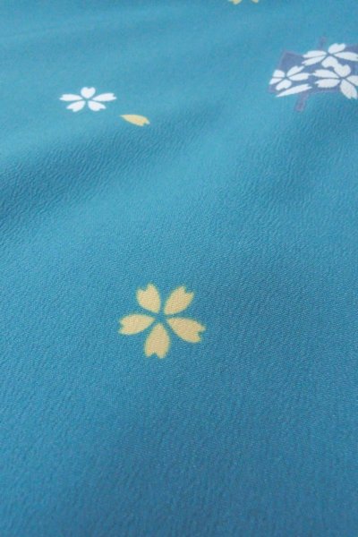 Photo8: Mint O0420C Vintage Japanese kimono   Light Blue KOMON dyed for women / Synthetic. SAKURA cherry blossom   (Grade A) (8)