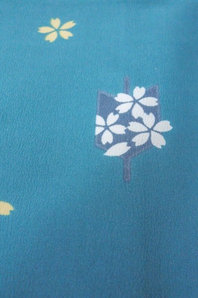 Photo9: Mint O0420C Vintage Japanese kimono   Light Blue KOMON dyed for women / Synthetic. SAKURA cherry blossom   (Grade A) (9)