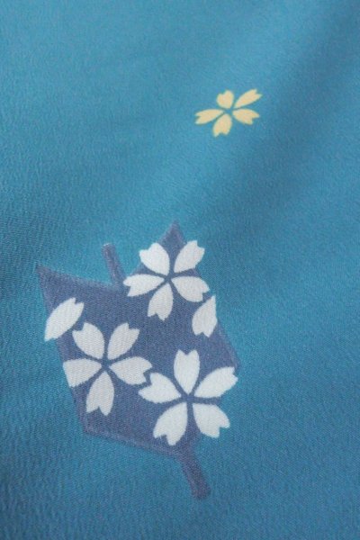 Photo10: Mint O0420C Vintage Japanese kimono   Light Blue KOMON dyed for women / Synthetic. SAKURA cherry blossom   (Grade A) (10)