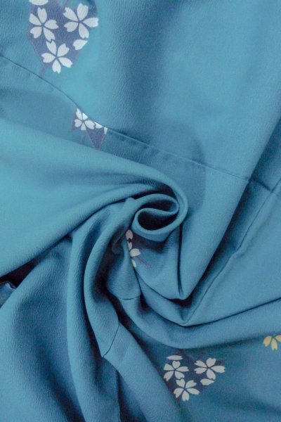 Photo11: Mint O0420C Vintage Japanese kimono   Light Blue KOMON dyed for women / Synthetic. SAKURA cherry blossom   (Grade A) (11)