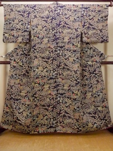 Photo1: Mint O0420D Vintage Japanese kimono  Dark Indigo Blue KOMON dyed for women / Silk. Flower,   (Grade A) (1)