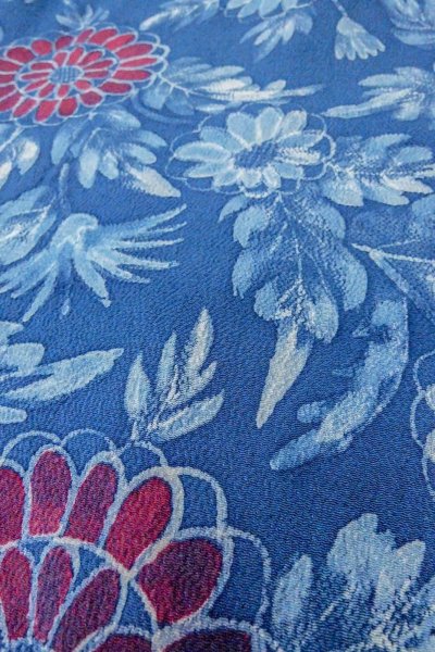 Photo8: O0420G Vintage Japanese kimono   Blue KOMON dyed for women / Silk. Flower,   (Grade B) (8)