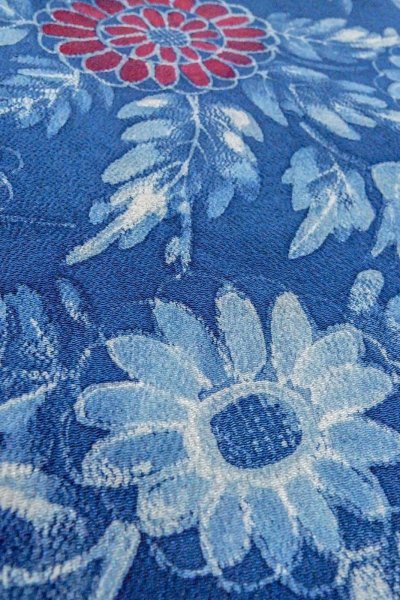 Photo10: O0420G Vintage Japanese kimono   Blue KOMON dyed for women / Silk. Flower,   (Grade B) (10)