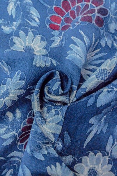 Photo11: O0420G Vintage Japanese kimono   Blue KOMON dyed for women / Silk. Flower,   (Grade B) (11)