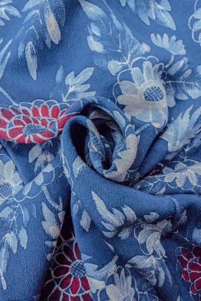 Photo12: O0420G Vintage Japanese kimono   Blue KOMON dyed for women / Silk. Flower,   (Grade B) (12)