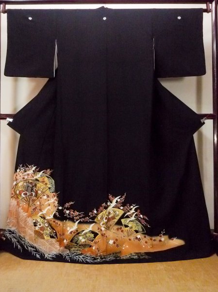 Photo1: Mint O0509B Used Japanese kimono   Black TOMESODE formal for women / Synthetic. SAKURA cherry blossom,   (Grade A) (1)