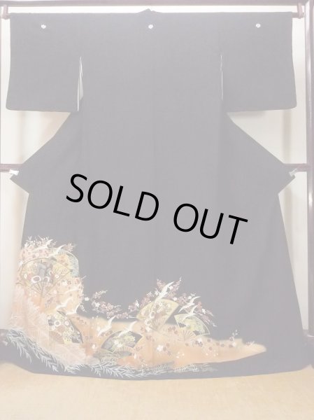 Photo1: Mint O0509B Used Japanese kimono   Black TOMESODE formal for women / Synthetic. SAKURA cherry blossom,   (Grade A) (1)
