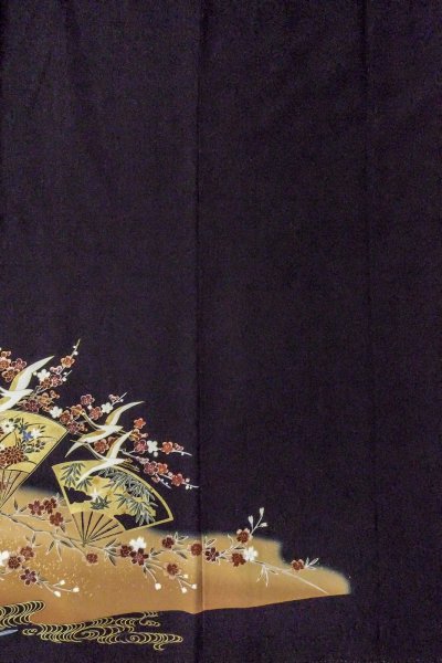 Photo6: Mint O0509B Used Japanese kimono   Black TOMESODE formal for women / Synthetic. SAKURA cherry blossom,   (Grade A) (6)