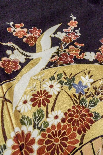 Photo15: Mint O0509B Used Japanese kimono   Black TOMESODE formal for women / Synthetic. SAKURA cherry blossom,   (Grade A) (15)