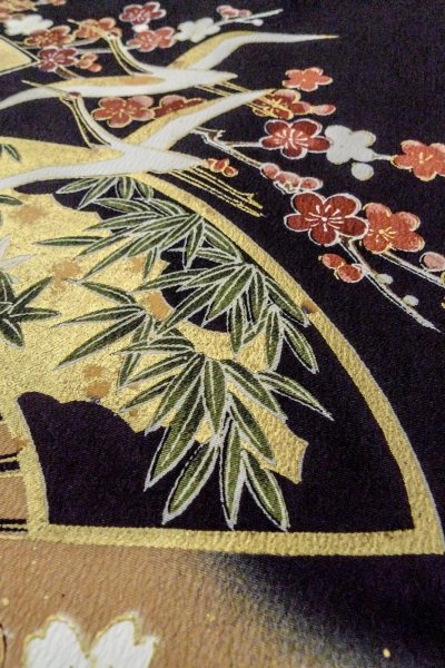 Photo16: Mint O0509B Used Japanese kimono   Black TOMESODE formal for women / Synthetic. SAKURA cherry blossom,   (Grade A) (16)