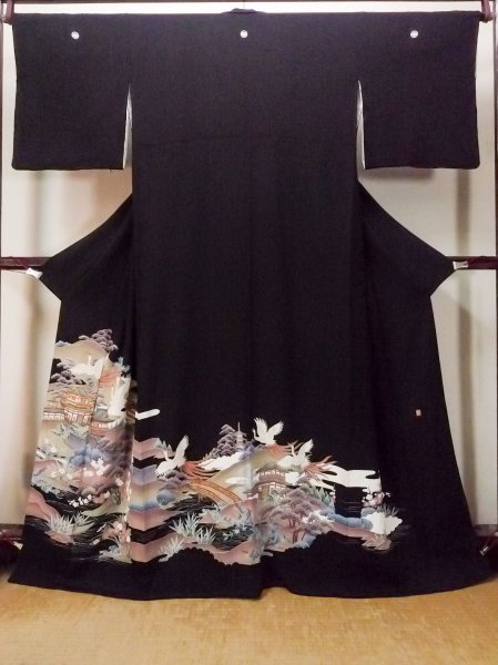 Photo1: O0509C Used Japanese kimono   Black TOMESODE formal for women / Silk. UME plum bloom,   (Grade C) (1)