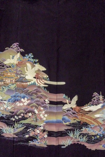 Photo5: O0509C Used Japanese kimono   Black TOMESODE formal for women / Silk. UME plum bloom,   (Grade C) (5)