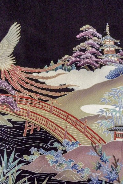 Photo11: O0509C Used Japanese kimono   Black TOMESODE formal for women / Silk. UME plum bloom,   (Grade C) (11)