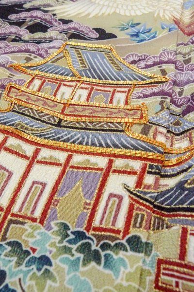 Photo13: O0509C Used Japanese kimono   Black TOMESODE formal for women / Silk. UME plum bloom,   (Grade C) (13)