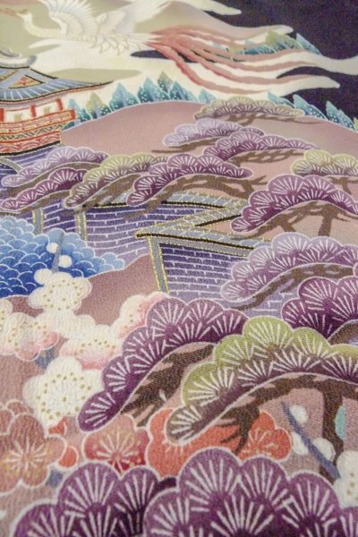 Photo14: O0509C Used Japanese kimono   Black TOMESODE formal for women / Silk. UME plum bloom,   (Grade C) (14)