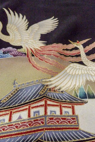 Photo15: O0509C Used Japanese kimono   Black TOMESODE formal for women / Silk. UME plum bloom,   (Grade C) (15)