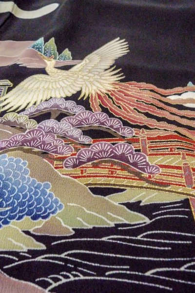 Photo16: O0509C Used Japanese kimono   Black TOMESODE formal for women / Silk. UME plum bloom,   (Grade C) (16)