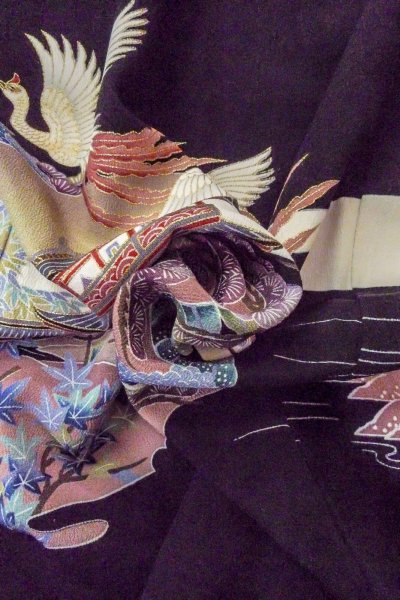 Photo19: O0509C Used Japanese kimono   Black TOMESODE formal for women / Silk. UME plum bloom,   (Grade C) (19)