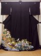 Photo1: Mint O0509D Used Japanese kimono   Black TOMESODE formal for women / Synthetic. Peony,   (Grade A) (1)