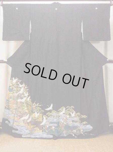 Photo2: Mint O0509D Used Japanese kimono   Black TOMESODE formal for women / Synthetic. Peony,   (Grade A) (2)