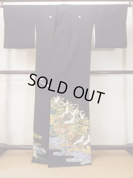 Photo3: Mint O0509D Used Japanese kimono   Black TOMESODE formal for women / Synthetic. Peony,   (Grade A) (3)