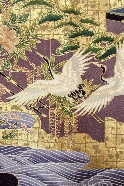 Photo9: Mint O0509D Used Japanese kimono   Black TOMESODE formal for women / Synthetic. Peony,   (Grade A) (9)