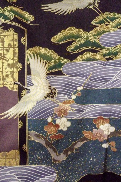 Photo10: Mint O0509D Used Japanese kimono   Black TOMESODE formal for women / Synthetic. Peony,   (Grade A) (10)