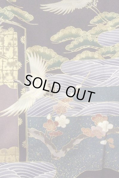 Photo10: Mint O0509D Used Japanese kimono   Black TOMESODE formal for women / Synthetic. Peony,   (Grade A) (10)