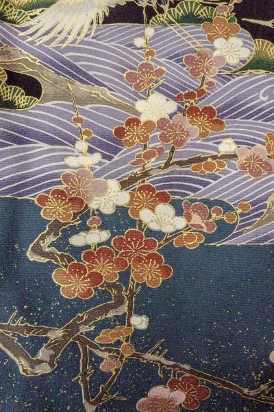 Photo11: Mint O0509D Used Japanese kimono   Black TOMESODE formal for women / Synthetic. Peony,   (Grade A) (11)