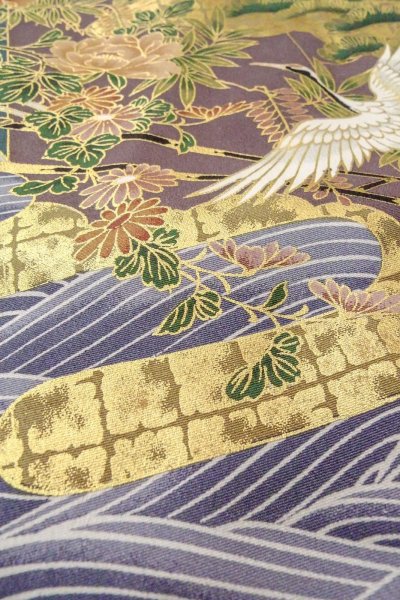 Photo14: Mint O0509D Used Japanese kimono   Black TOMESODE formal for women / Synthetic. Peony,   (Grade A) (14)