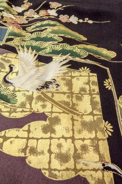 Photo15: Mint O0509D Used Japanese kimono   Black TOMESODE formal for women / Synthetic. Peony,   (Grade A) (15)