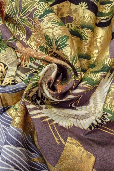 Photo17: Mint O0509D Used Japanese kimono   Black TOMESODE formal for women / Synthetic. Peony,   (Grade A) (17)