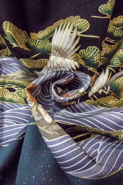 Photo18: Mint O0509D Used Japanese kimono   Black TOMESODE formal for women / Synthetic. Peony,   (Grade A) (18)