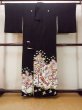 Photo2: O0509F Vintage Japanese kimono   Black TOMESODE formal for women / Silk. Flower,   (Grade B) (2)