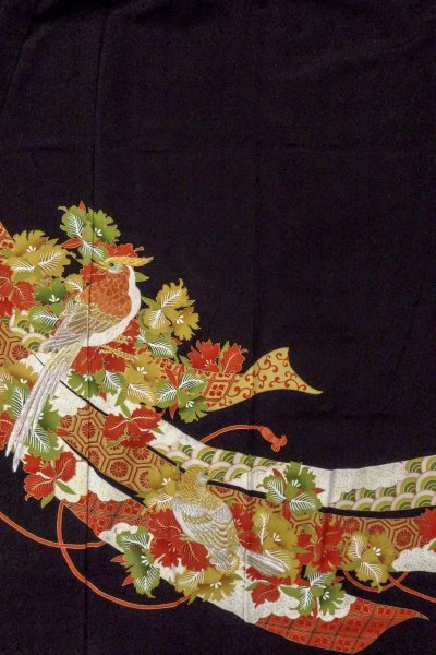 Photo5: O0509G Vintage Japanese kimono   Black TOMESODE formal for women / Silk. Orchid, Tagasode motif  (Grade B) (5)