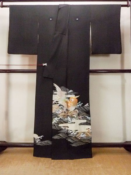 Photo2: O0509H Vintage Japanese kimono   Black TOMESODE formal for women / Silk. Bird, There are stains all over. Pheasant bird motif  (Grade C) (2)